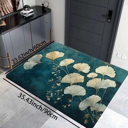 This retro-style Ginkgo Leaf pattern floor mat is 8mm thick and made from soft, high-quality material. It is suitable for use in the kitchen, living room, or bedroom. This durable mat is machine washable and can be used as an entrance door mat or