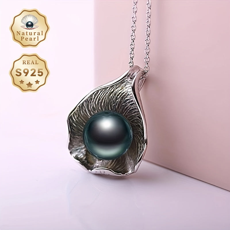 Elegant MUFAN Vintage Tahitian Black Pearl Pendant Necklace with Sterling Silver Leaf Design - Perfect for June Birthdays and Everyday Wear. This authentic ocean-inspired piece makes a great gift!