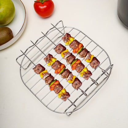 Round stainless steel rack and skewer set for air fryers, compatible with most models and dishwasher safe. Ideal for roasting and grilling.