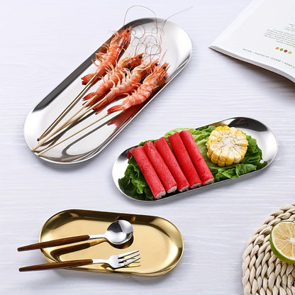 Stainless steel oval plate for Korean cuisine, snacks, and desserts, suitable for home, restaurant, picnic, and parties.