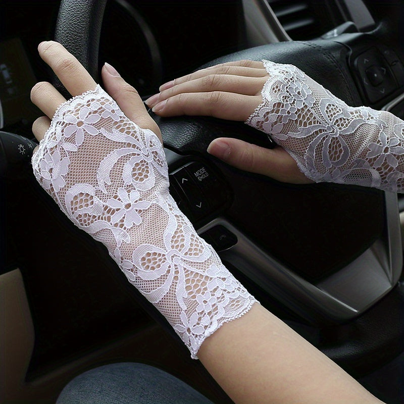 Geometric lace half finger wrist sleeves with thumb hole for summer sunscreen protection.