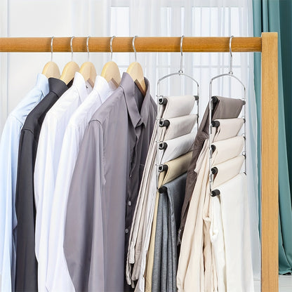 1 count of a 5-tier metal pants hanger with no-slip features, designed for durability and suitable for hanging ties, pants, and scarves. This household organizer saves space in closets, wardrobes, homes, and dorms.