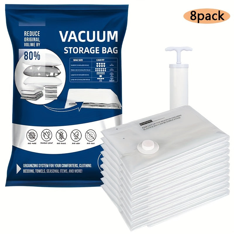 Set of 8 Vacuum Storage Bags that measure 39.88*59.94cm. These bags are compatible with all types of vacuum cleaners and can be used to store clothes and bedding, saving space and keeping them dustproof.