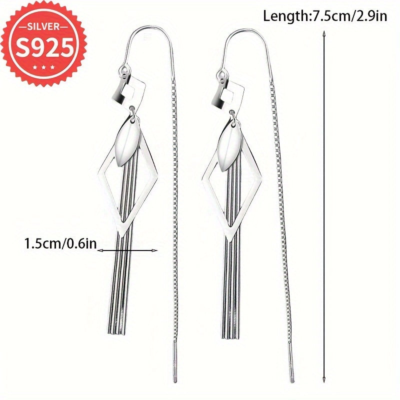 Beautiful 925 Sterling Silver Tassel Earrings with Geometric Diamond-Shaped Hollow Design, Hypoallergenic Long Leaf Fringe Ear Threads, Perfect for Everyday or Special Occasions, Ideal Christmas Gift - Lightweight at 4.5g