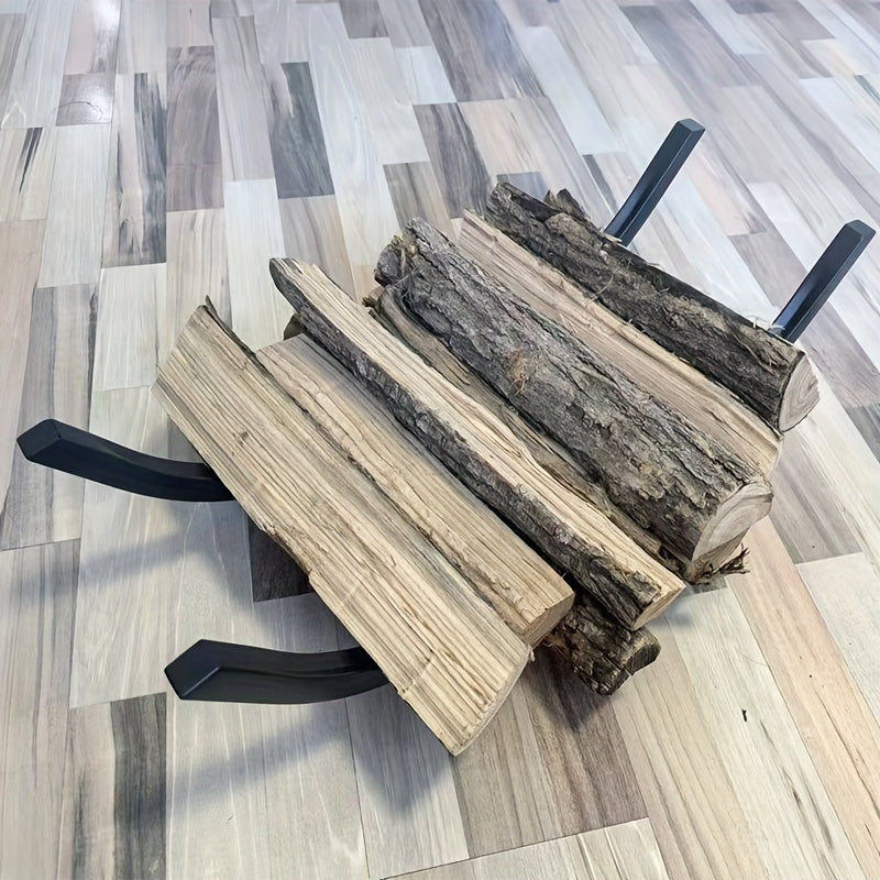 Metal firewood rack with curved design, perfect for storing firewood indoors. Made of steel, this log holder is ideal for fireplaces, fire pits, patios, and more. It has a large capacity, is rust resistant, and features a non-tipping structure.