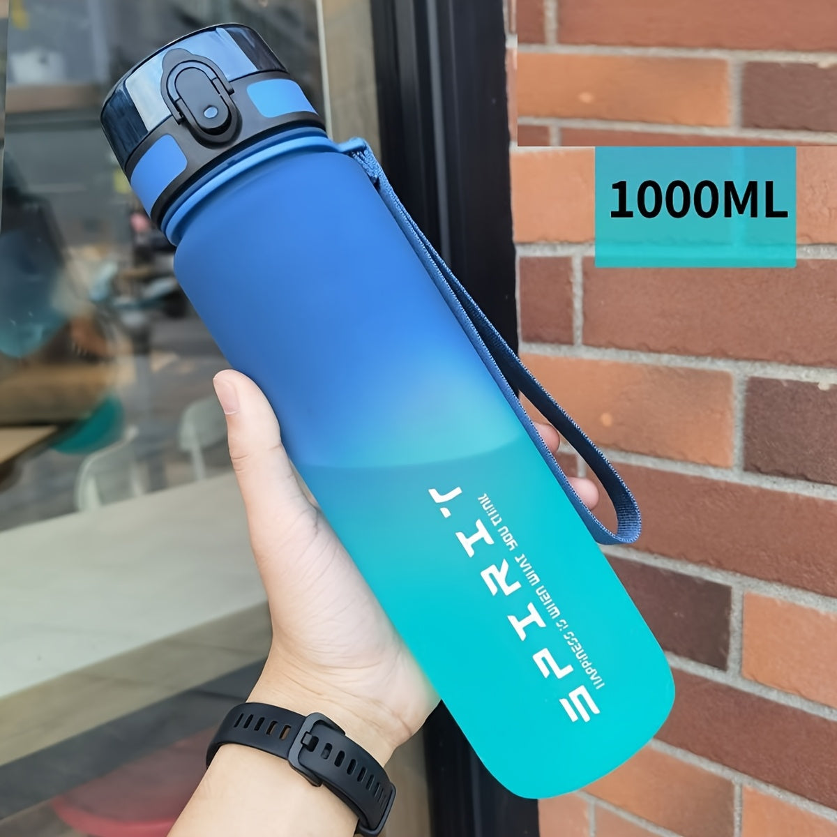 Outdoor sports water bottle with braided carrying rope and cup cover, portable, leakproof, time-volume mark, suitable for outdoor sports.