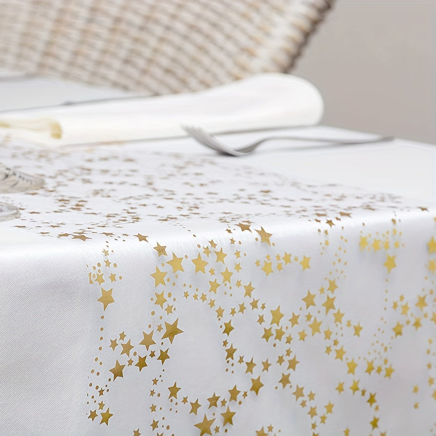 Linen table runner with golden metal organza stars; perfect for Christmas and special occasions. Ideal for room decor or weddings.