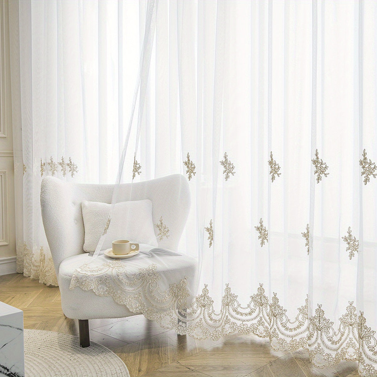 Beautiful French-style sheer curtain with delicate embroidery, featuring small flowers in a European design. This white translucent curtain is perfect for adding a touch of elegance to your living room or bedroom. Complete with a rod pocket for easy