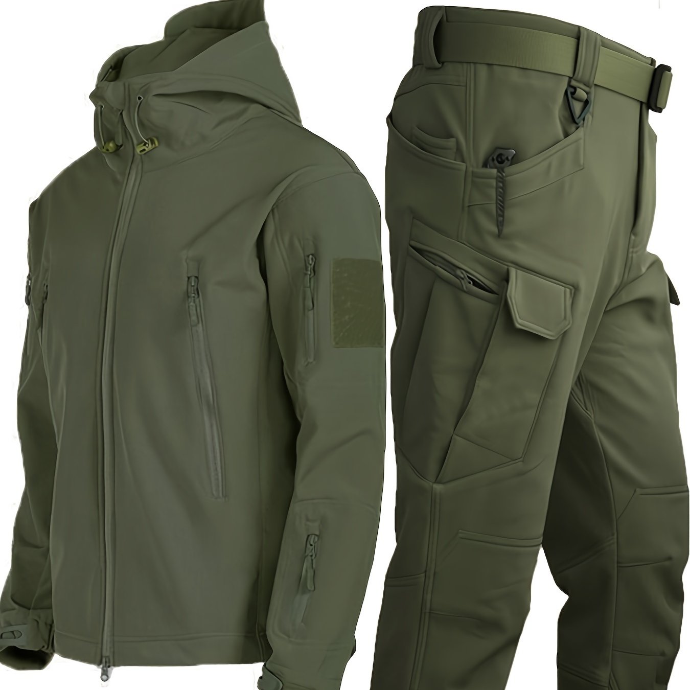 Men's outdoor thermal outfit with softshell jacket and cargo pants, ideal for outdoor activities.