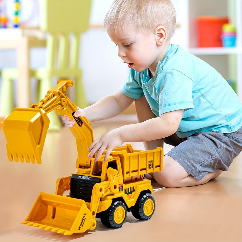 A versatile construction playset featuring an excavator, pusher, and tipper - perfect for young ones. Made from durable plastic and produced in China, this makes an ideal gift.