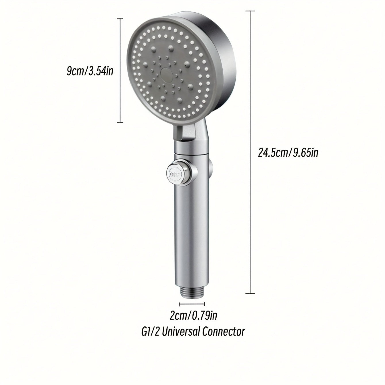 5-mode handheld shower head set with on/off switch and universal connector, suitable for European and American thread standards.