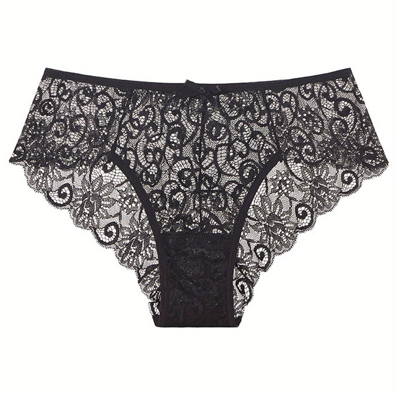 Women's sexy lingerie and underwear featuring solid seamless floral lace briefs and hot semi sheer intimate panties.