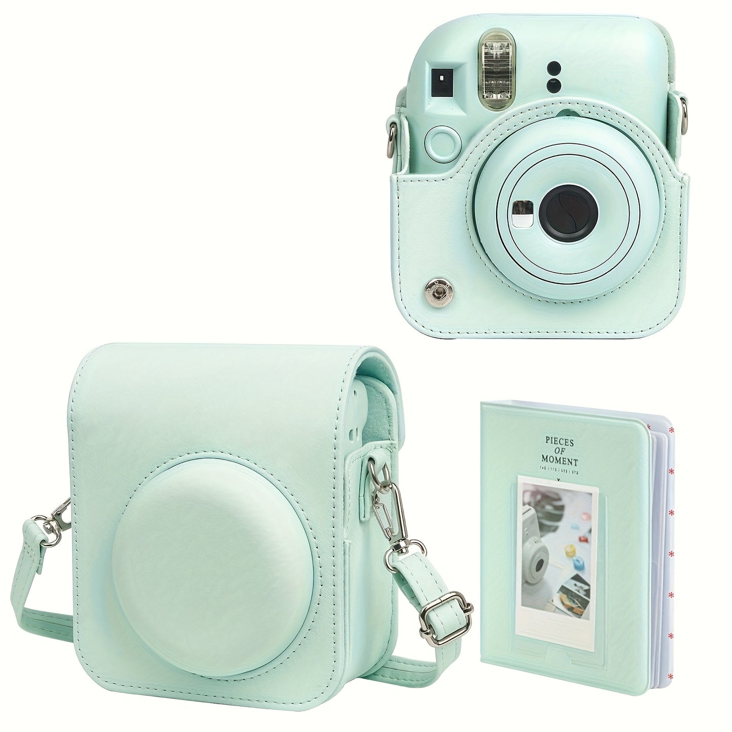 Protective faux leather case for Fujifilm Mini 12 camera with light-sensitive hole and lens compatibility. Durable accessory.