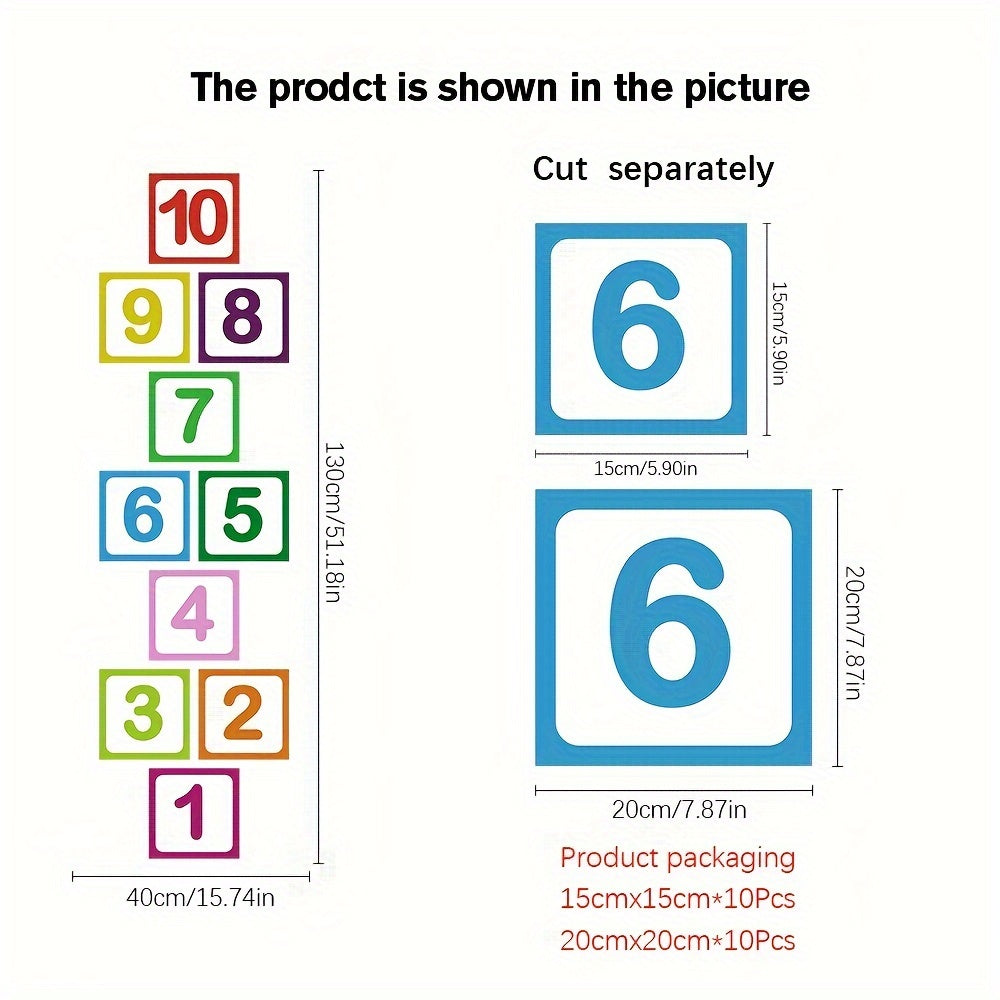 10 pieces of self-adhesive, anti-slip hopscotch game wall and floor stickers made from frosted material.