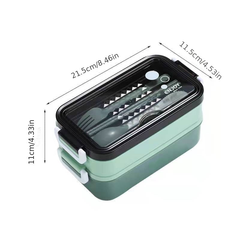 Colorful Double-Layer Leakproof Lunch Box with Cutlery Set, 1pc - Microwave Safe, Durable Plastic, Rectangular Bento Box ideal for Students & Office Workers; Comes in Pink, Blue, Green, and Dark Teal Options.