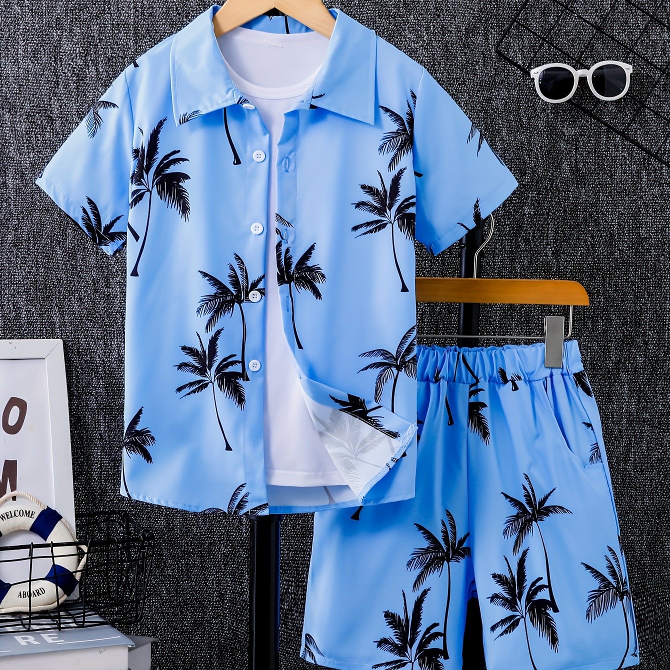 Boys casual coconut tree graphic print short sleeve shirt and shorts set for summer wear.