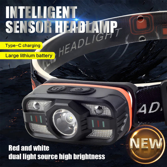 Rechargeable LED headlamp with polished finish and 6 modes for night activities.