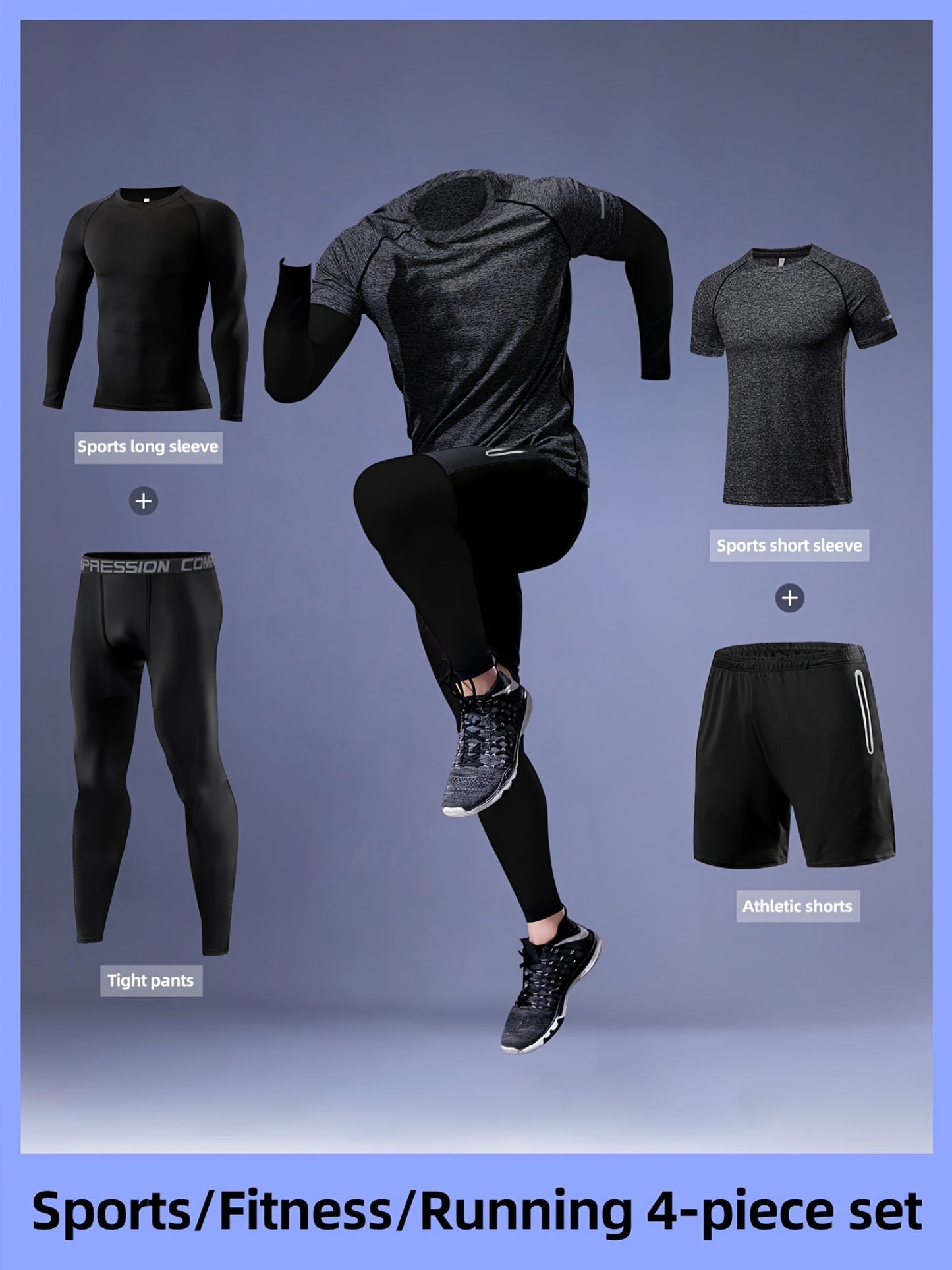 Gengyuan offers a 4-piece men's set for autumn basketball training and fitness activities, including long-sleeve tops, t-shirts, tight pants, and quick-dry sports shorts.