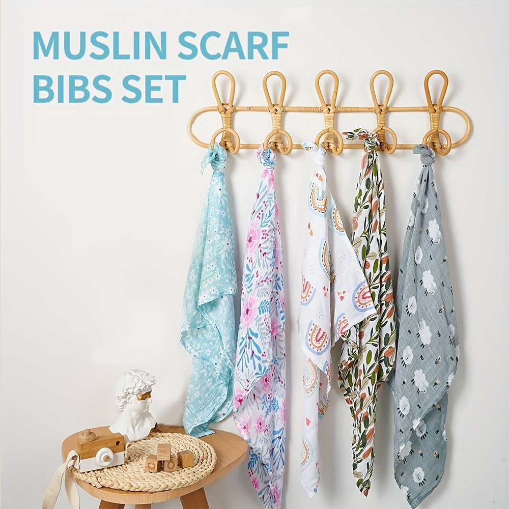 Elinfant offers a set of 5 soft muslin children's bibs in an orange rainbow moon print. The set also includes 59.94cm square burp cloths for children.