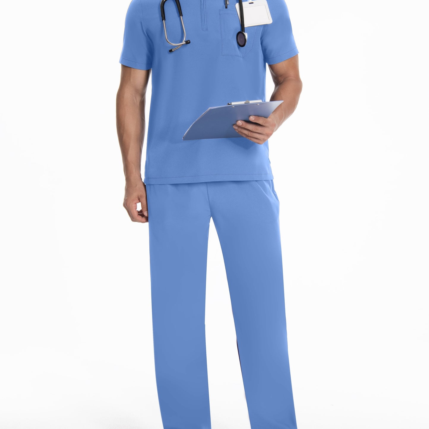 Polyester workwear uniform set for men with a conservative style. Features solid color, woven fabric, small stand collar, regular fit with pockets and belt loops.