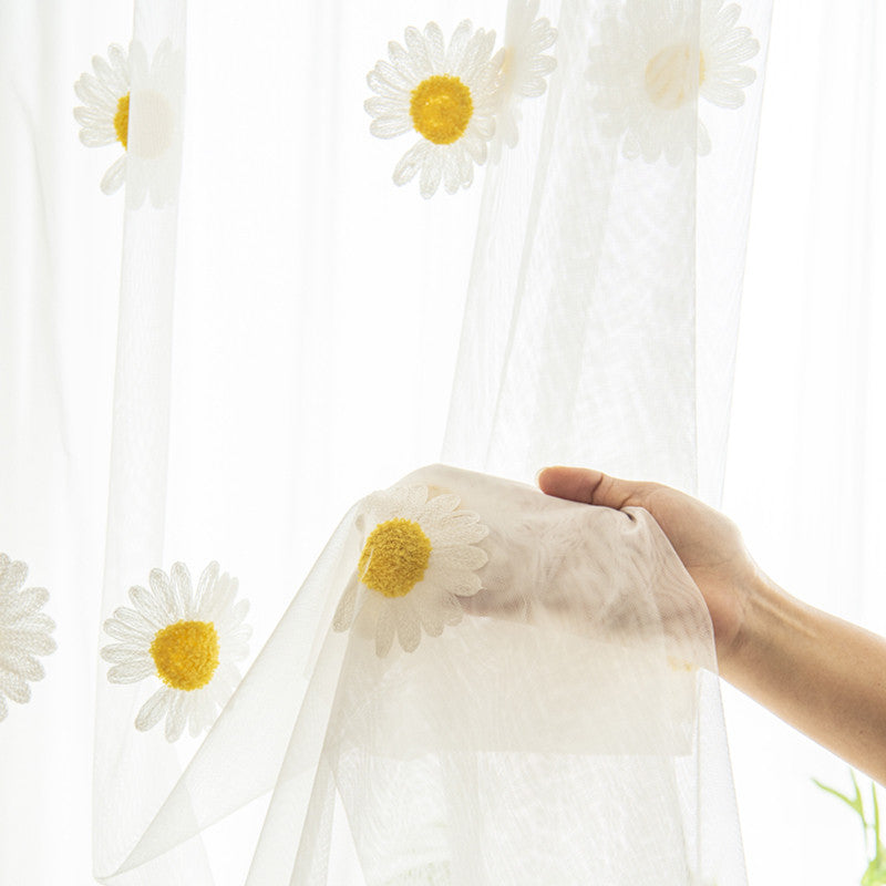 Yellow Daisy Pattern Tulle Curtain Sheer Panel with Embroidered Country Flowers Design, Grommet Top Window Treatment for Kitchen, Restaurant, or Home Decor