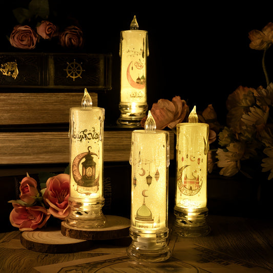 Battery-operated LED candle light for Ramadan decorations and festive atmosphere, made of plastic material with button battery power. Ideal for Ramadan, bedside, scene props, and party supplies.