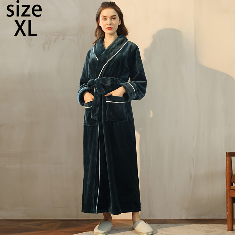 Autumn/Winter bathrobe, comfy unisex pajamas, thick large size nightgown with long sleeves and pocket, warm robe for home/bathroom.