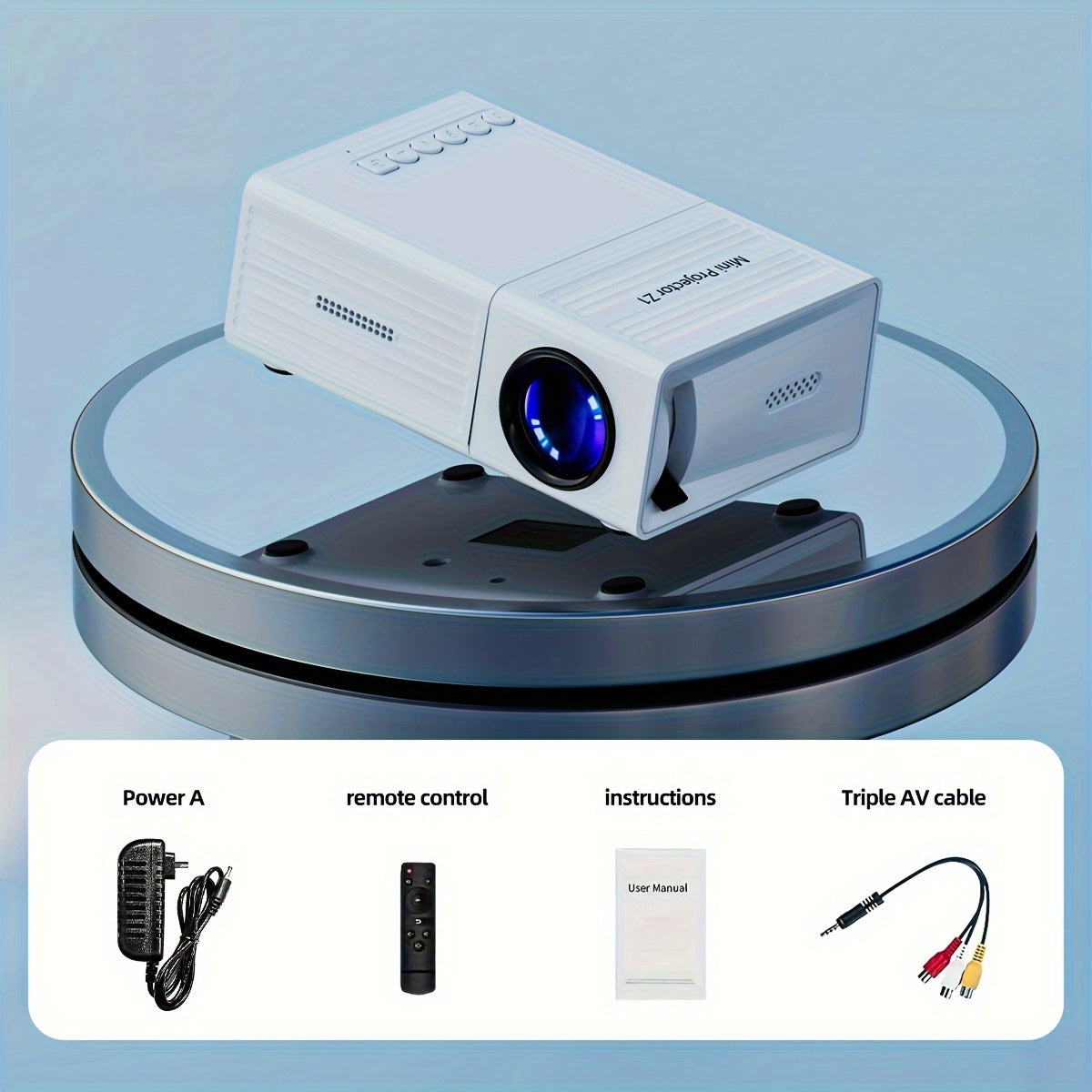 Mini home theater projector, 1080P resolution, LCD display, remote control, 3D-ready, 4:3 aspect ratio, compatible with USB/AV/iOS/Android, European plug, travel accessories included, no