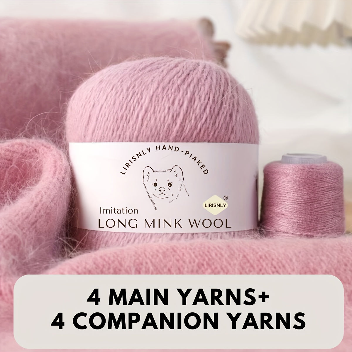 4pcs of faux mink wool and long wool totalling 280g, with 50g faux mink wool and 20g companion thread each. Skin-friendly and warm, suitable for knitting scarves, sweaters, hats, etc.