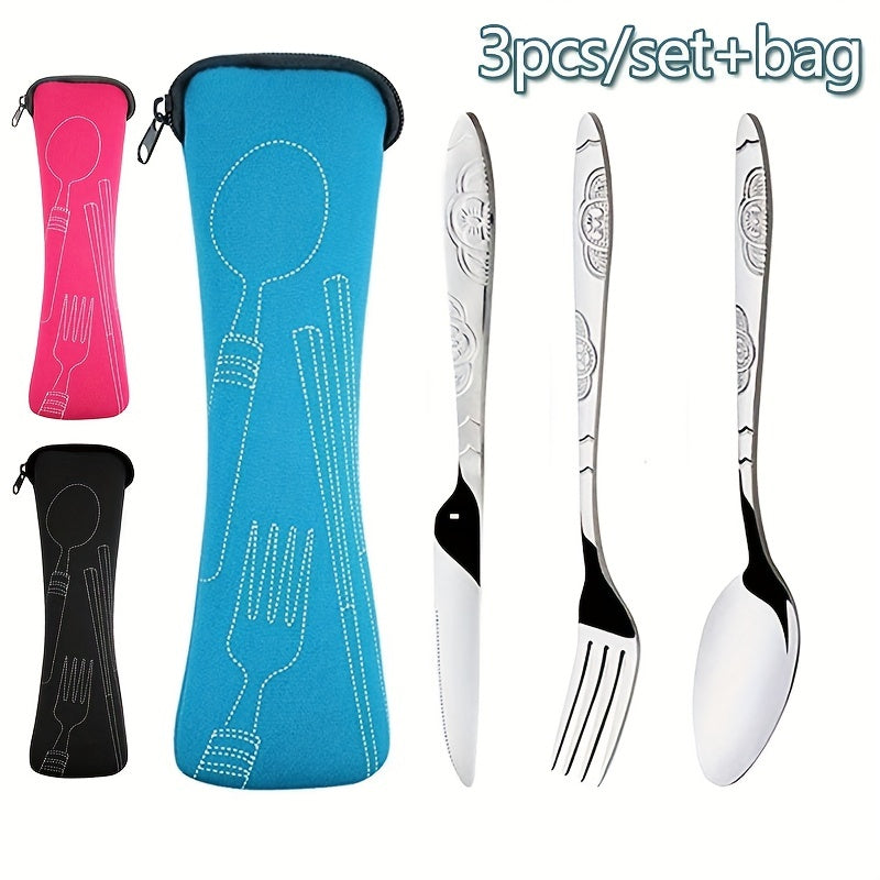 3-piece stainless steel camping cutlery set with portable bag