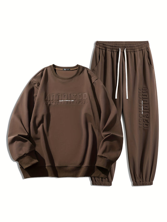 Men's Plus Size Geometric Print Sweatsuit Set, Comfy Polyester, Round Neck, Machine Washable - Includes Oversized Sweatshirt & Joggers for Fall/Winter, Long Sleeve