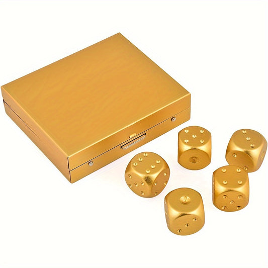 Premium set of 5 golden aluminum alloy dice with storage box - Ideal for party games, easy to read and accurate. Great for party games.