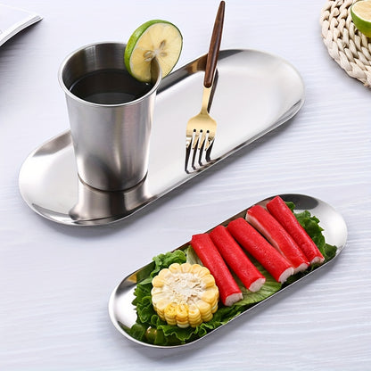 Stainless steel oval plate for Korean cuisine, snacks, and desserts, suitable for home, restaurant, picnic, and parties.