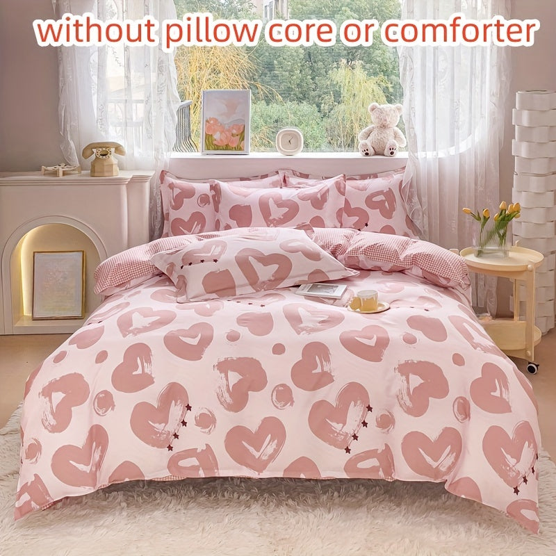 4-piece Pink Heart Print Valentine's Day Duvet Cover Set, includes Duvet Cover, Flat Sheet, and 2 Pillowcases. Skin-friendly and suitable for all seasons. Perfect for bedroom or guest room.