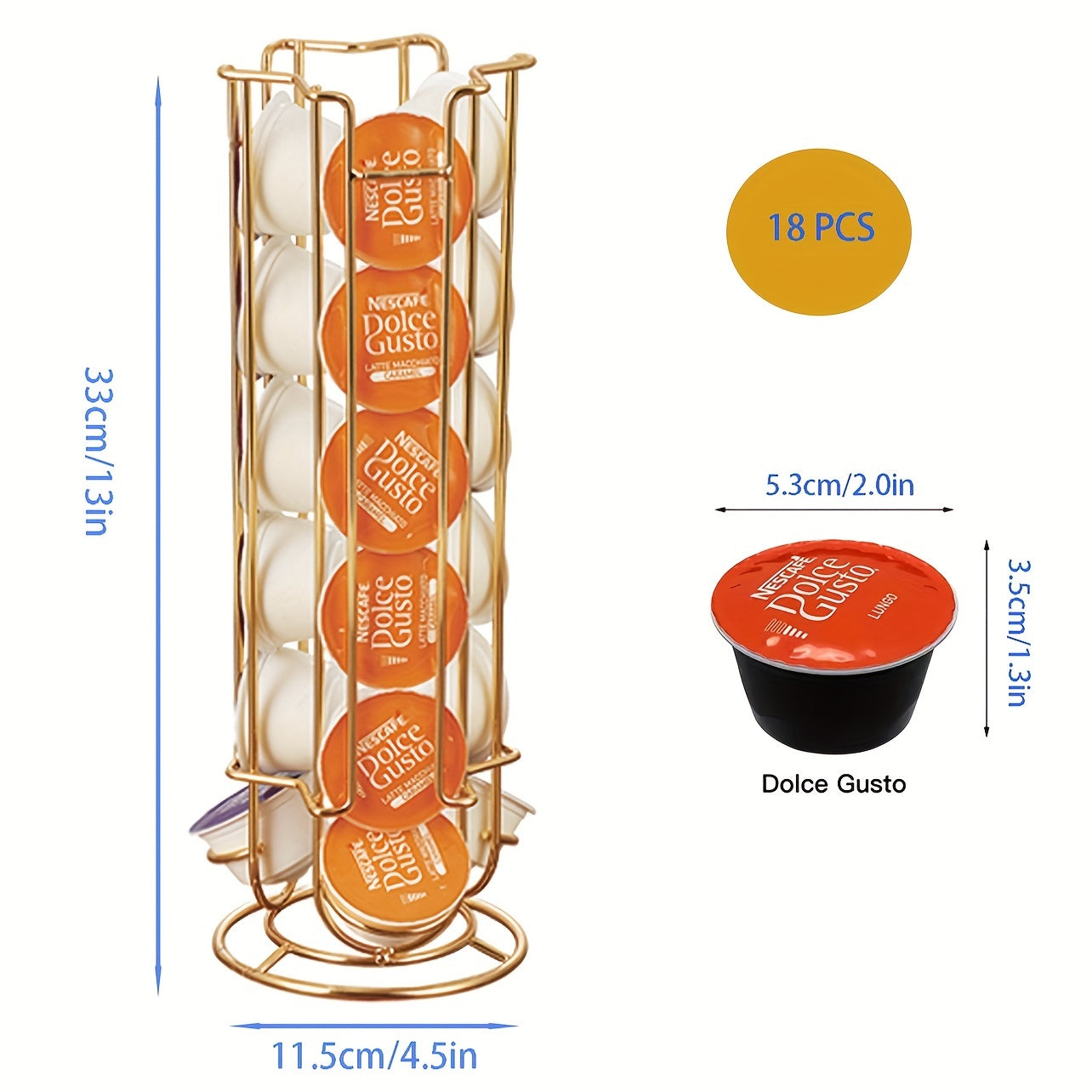 One-piece coffee capsule storage rack designed for 18 Dolce Gusto capsules, made from high-quality rotating iron art.