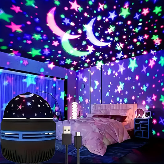 USB-powered LED starry sky projector lamp creates enchanting nighttime ambiance with colorful aurora lights, stars, and moon effect. Perfect birthday gift for any room or car decoration.