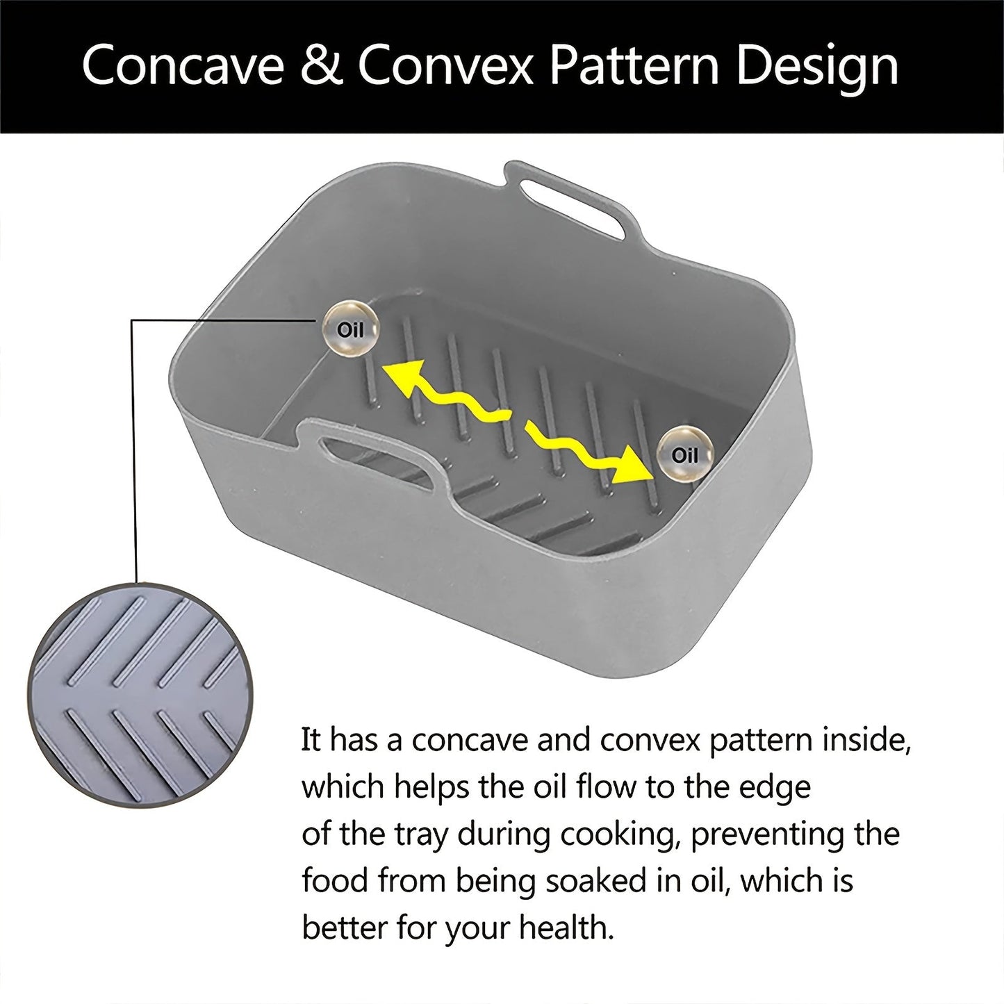 Circular silicone inner liner for air fryers, available in 18cm, 19cm, and 22cm diameters. This reusable oil pan is food-safe and suitable for circular air fryer baskets, as well as ovens, microwaves, and steamers.