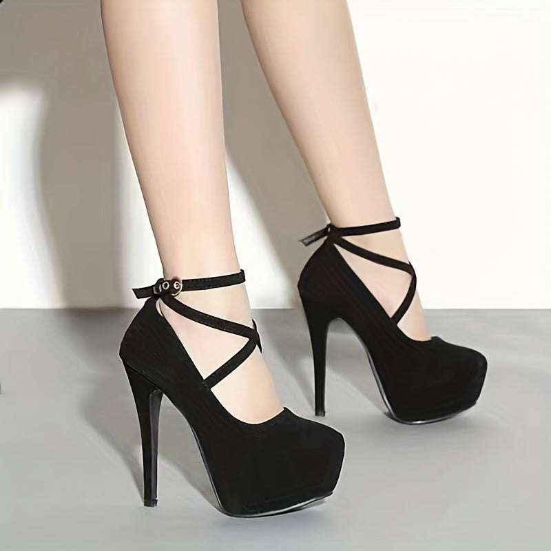 Women's high heels with crossed straps, thin heels, round head, shallow mouth, and high waterproof platform, ideal for night clubs and creating a sexy look.