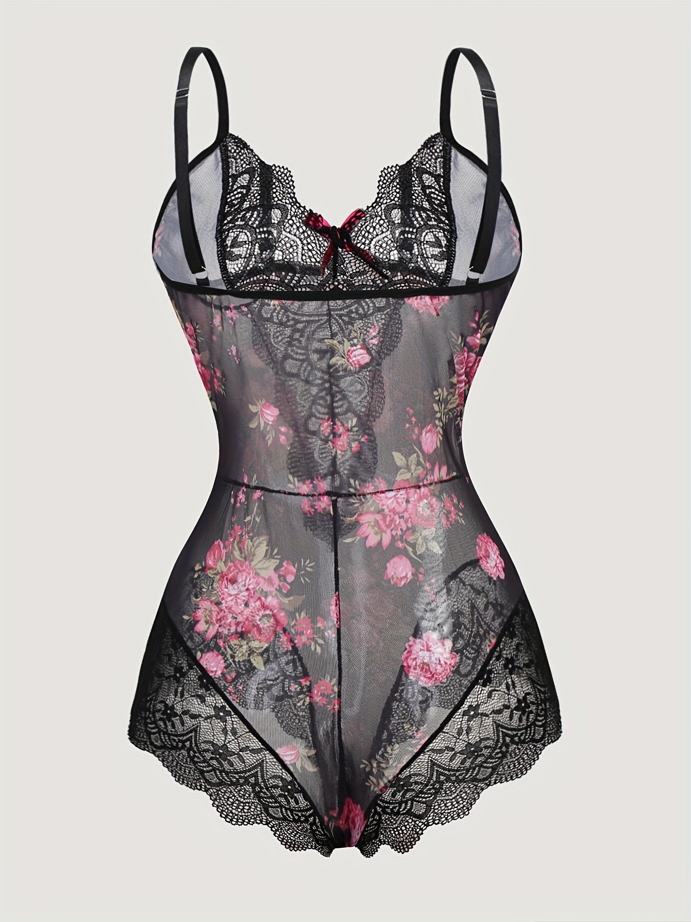 Floral print slip dress with lace bow detailing, sexy and comfortable semi sheer babydoll lingerie for women.