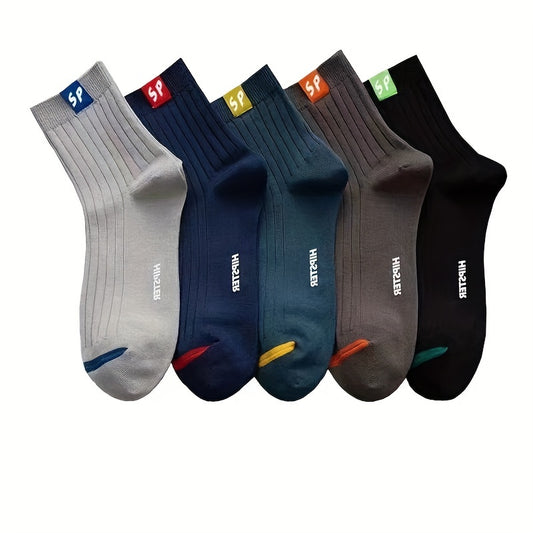 5 pairs of men's thin cotton blend mid-calf socks, breathable, moisture-wicking, suitable for everyday wear, sweat-resistant.