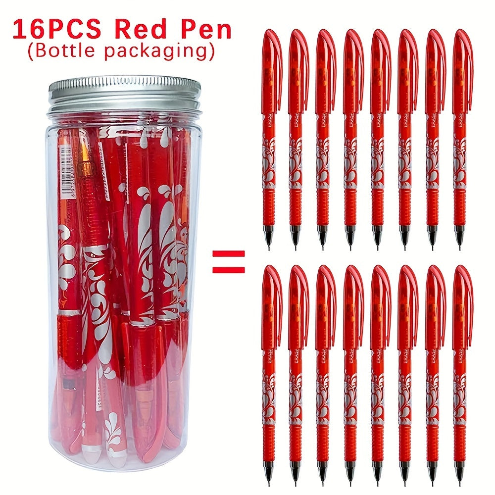 16 erasable gel pens with a 0.5mm tip in 6 colors, stored in a creative bottle for students and office use.