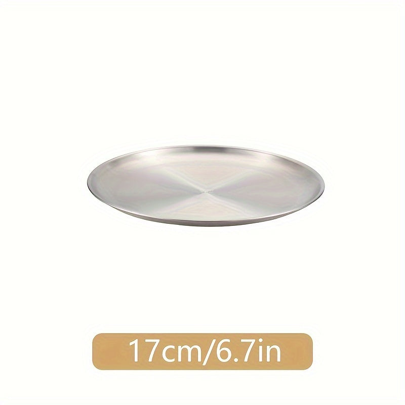 1pc Stainless Steel Dinner Plate for kitchen, restaurant, party use. Can be used as a fruit plate, meat plate, cake plate, dessert plate, or round plate.