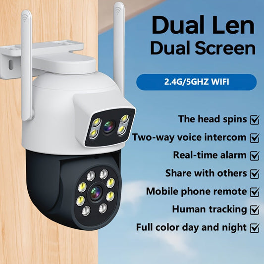 1pc Dual Lens Outdoor Security Camera with Color Night Vision, IP65 Waterproof 360°PTZ Dome & Bullet WiFi Camera for Comprehensive Protection, Surveillance Camera