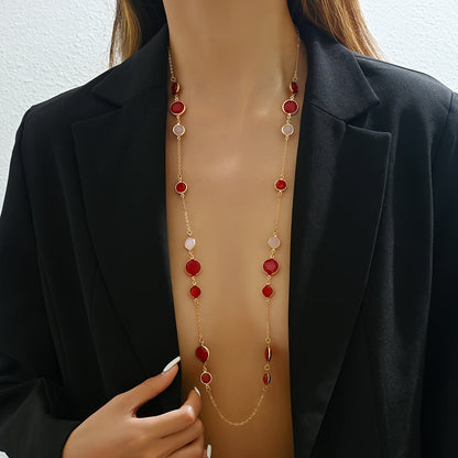 Stylish Long Layered Necklace designed for Women, Features a Minimalistic Iron Chain adorned with Plastic Gemstones, Perfect for both Everyday Wear and Special Occasions, Complete your Look with this fashionable Jewelry Ensemble.