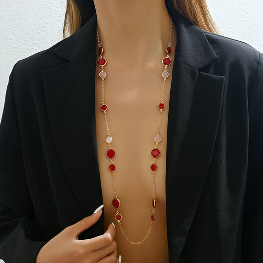 Stylish Long Layered Necklace designed for Women, Features a Minimalistic Iron Chain adorned with Plastic Gemstones, Perfect for both Everyday Wear and Special Occasions, Complete your Look with this fashionable Jewelry Ensemble.