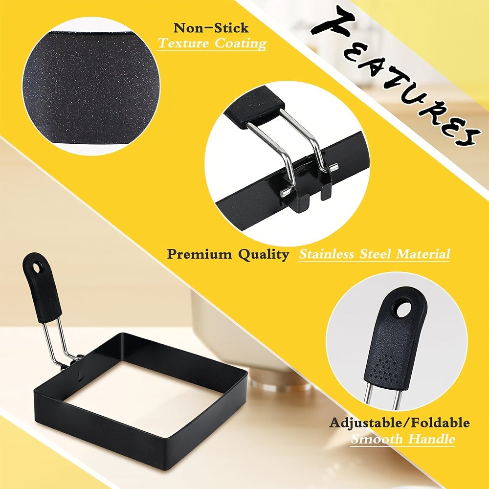 Two pieces of 10.16cm square egg and pancake rings made of non-stick stainless steel, ideal for cooking omelets, muffins, and breakfast sandwiches.