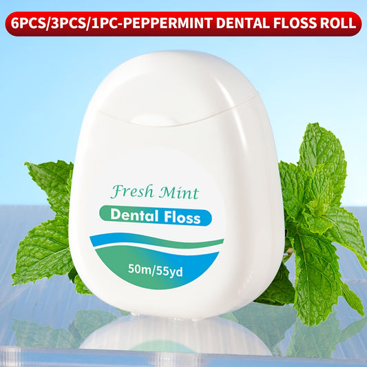 Fresh Mint Teeth Floss: Waxed PE, Cleans between teeth, slides easily into tight spaces, refreshing mint flavor, oral hygiene tool.