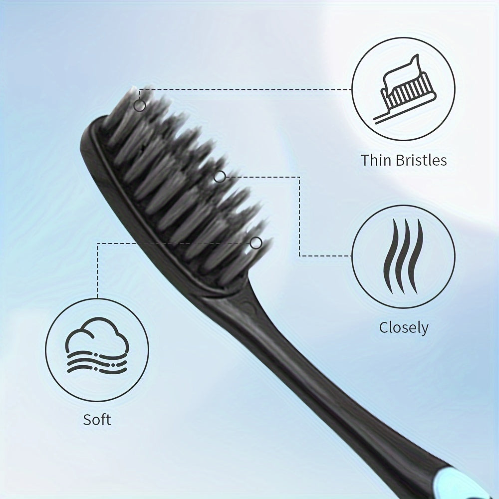 5/10 soft bristle toothbrushes with multicolor grip handles and black nylon bristles for adults, ideal for deep manual oral care.