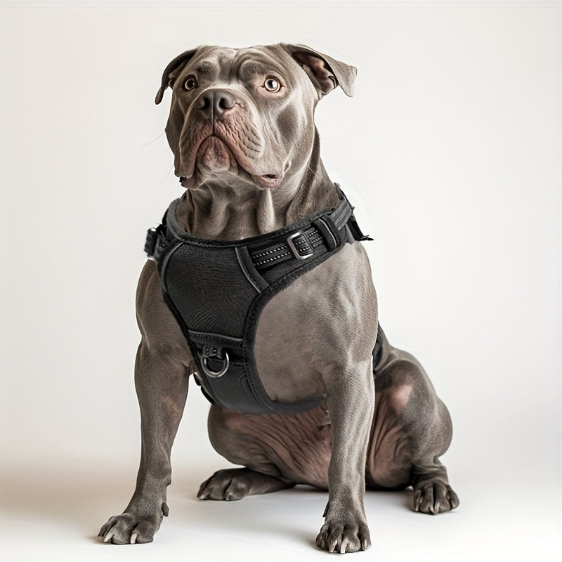 Reflective chest strap for medium to large dogs with adjustable vest and handle, suitable for bulldogs. Does not include battery.