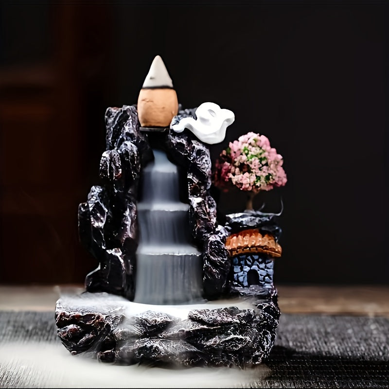 Elegant flower waterfall backflow incense burner made from handcrafted resin, purifies air and enhances room decor, perfect gift.